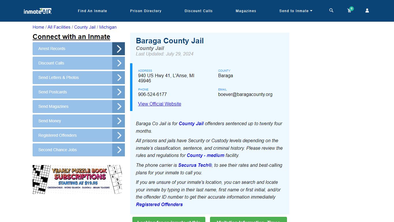 Baraga County Jail - Inmate Locator